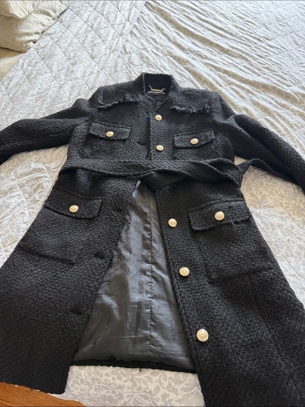 Karl Lagerfeld Black Bouclé Trench Coat with Gold Buttons